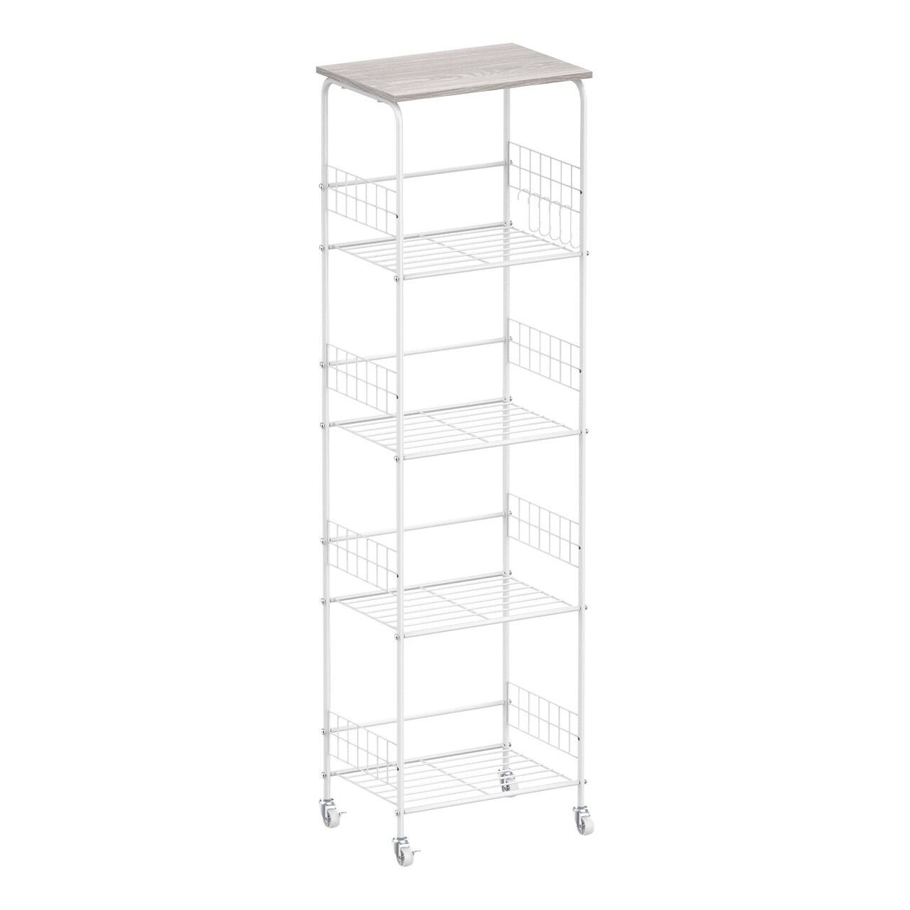 5-Tier Narrow Rolling Storage Cart with Wood Top, White Metal Wire Shelving Unit with Wheels & Hooks